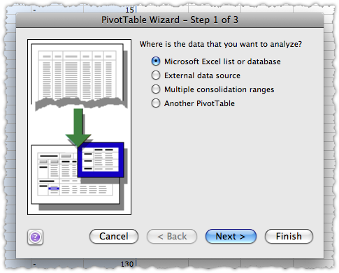 Pivot Table Wizard Step 1 of 3
