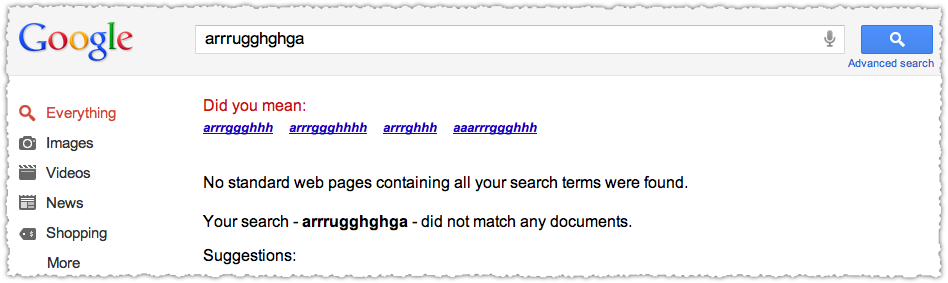 Google Did You Mean Result for Arrrugghghga