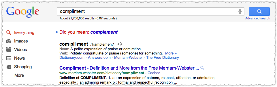 Google Did You Mean Result for Compliment