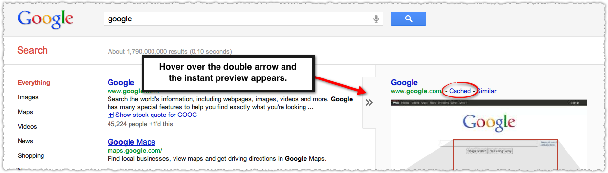 Google Cached Link in Instant Preview