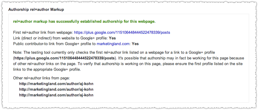 Authorship rel=author Structured Data Testing Tool Results