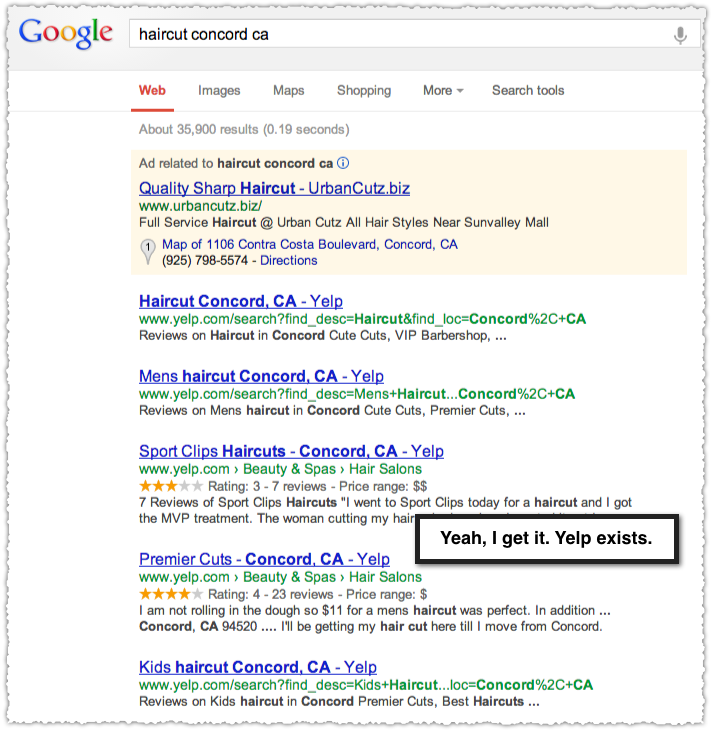 Yelp Dominating Search Results for Haircut in Concord CA
