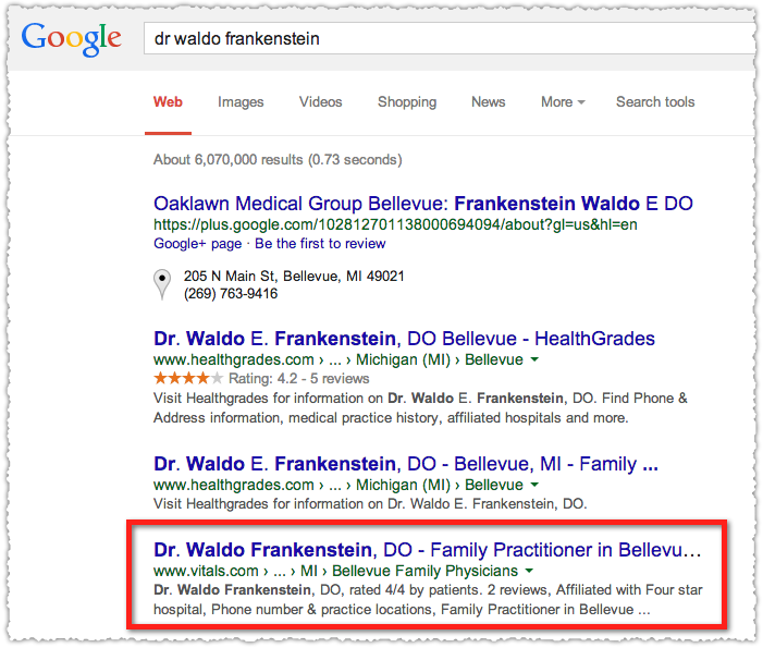 SERP for Dr Waldo Frankenstein