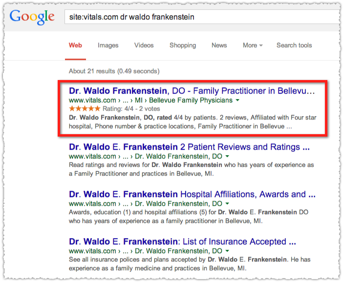 Vitals Site Query for Dr Waldo Frankenstein