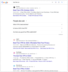 Google search results for best free vpn