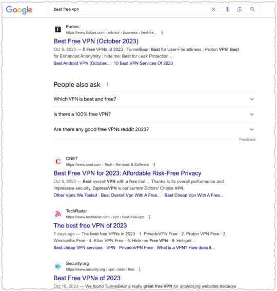 Google search results for best free vpn
