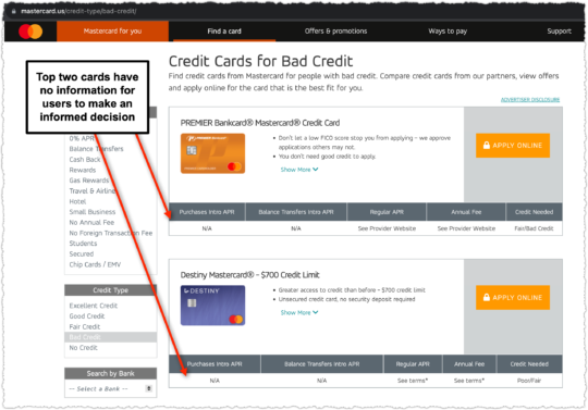 MasterCard page for credit cards for bad credit