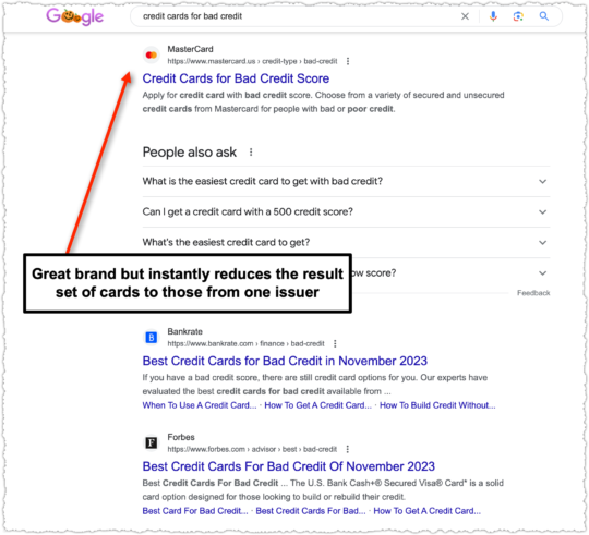Google search results for credit cards for bad credit