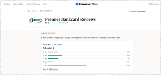 Premier Bankcard reviews on Consumer Affairs