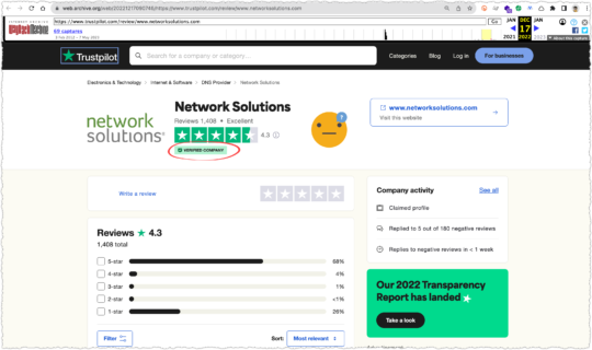 Internet Archive from December 2022 of Network Solutions on TrustPilot
