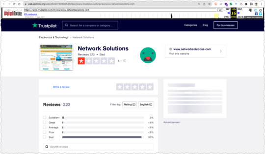 Internet Archive capture of TrustPilot page for Network Solutions from January 2022