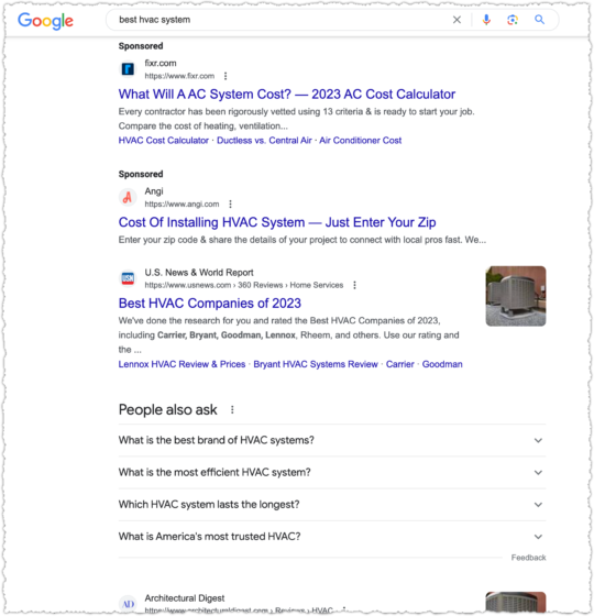 Google search results for best HVAC system