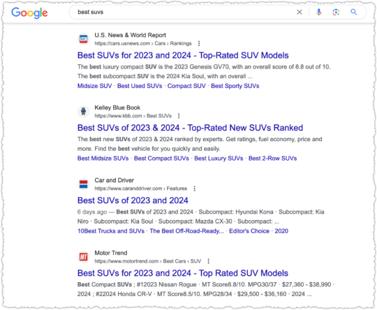 Google search results for best suvs