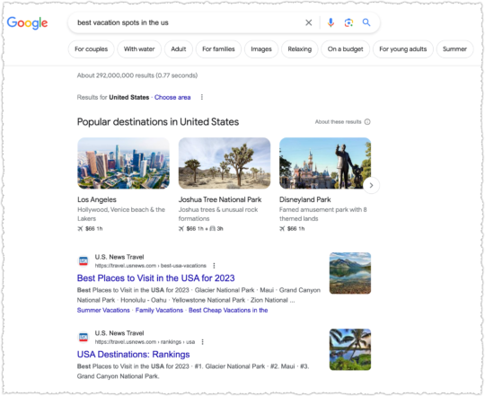 Google search results for best vacation spots in the us