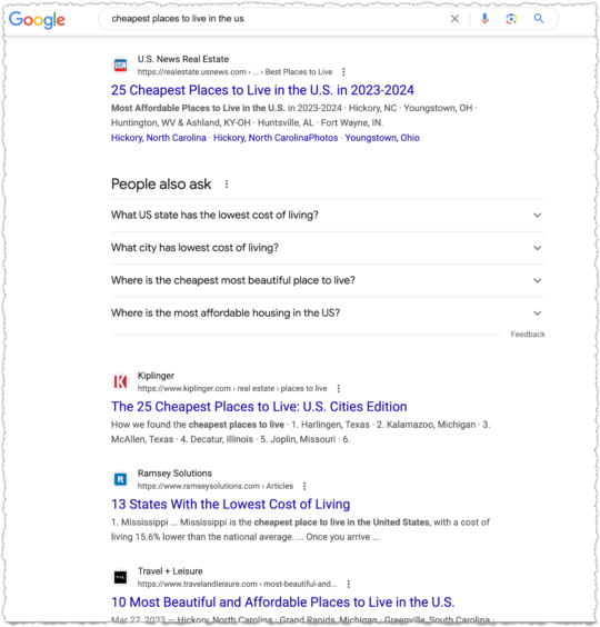 Google results or cheapest places to live in the us