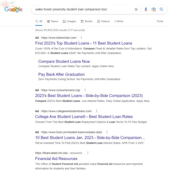 Google search results for wake forest university student loan comparison tool