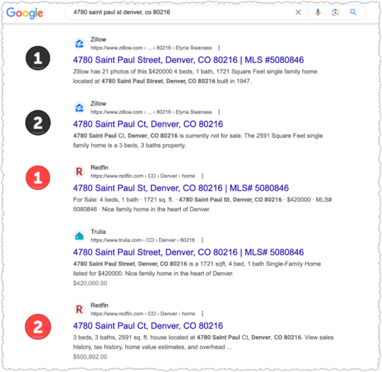 Google search results for an address search