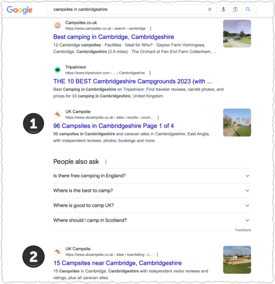 Google search results for campsites in cambridgeshire