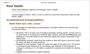Resume of Paul Haahr from Google leaked documents