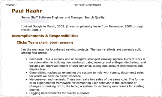 Resume of Paul Haahr from Google leaked documents