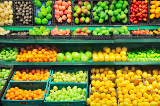 Produce section with sorted fruit